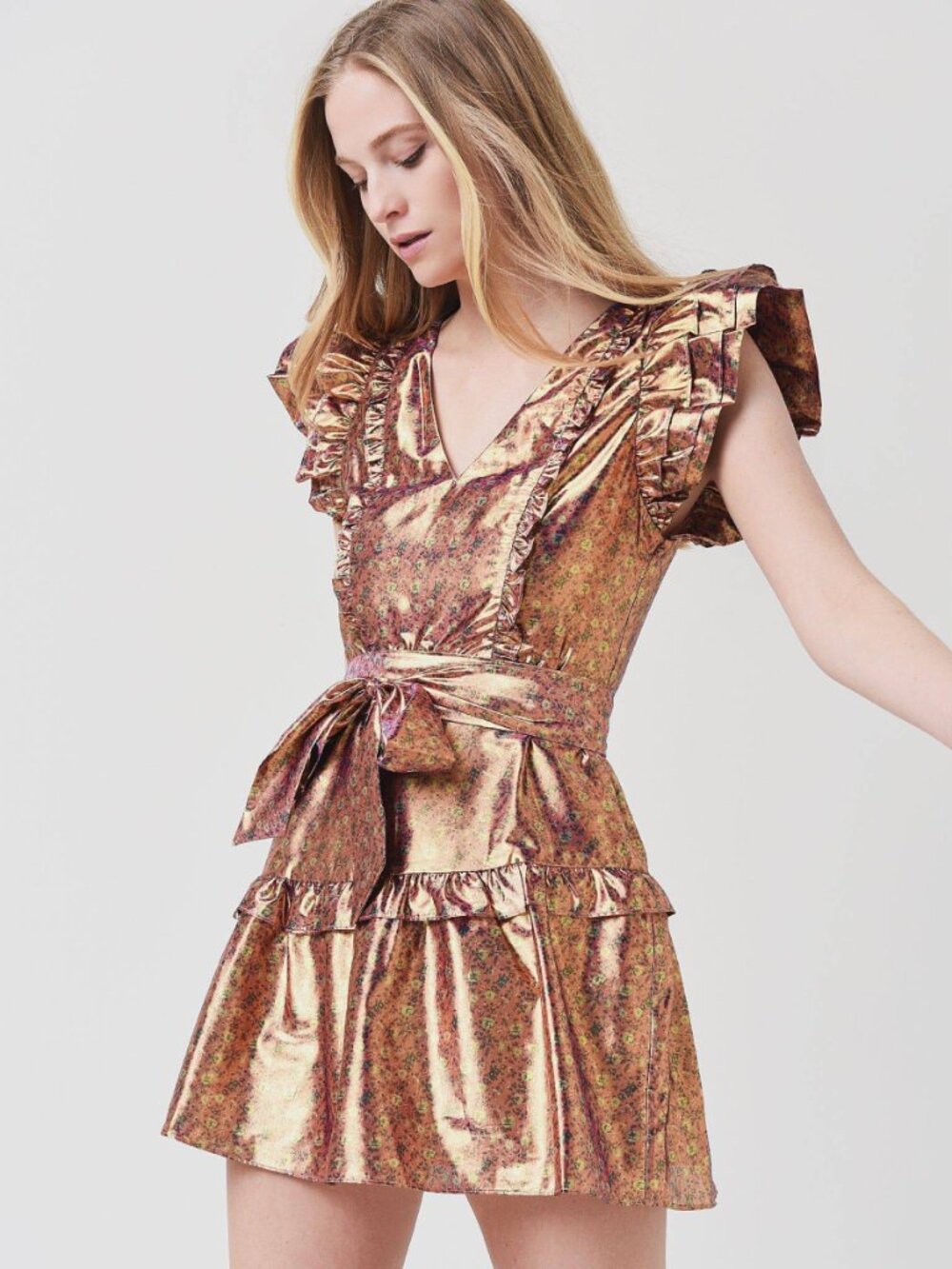 LoveShackFancy Zoya Metallic Floral Ruffled Mini Dress